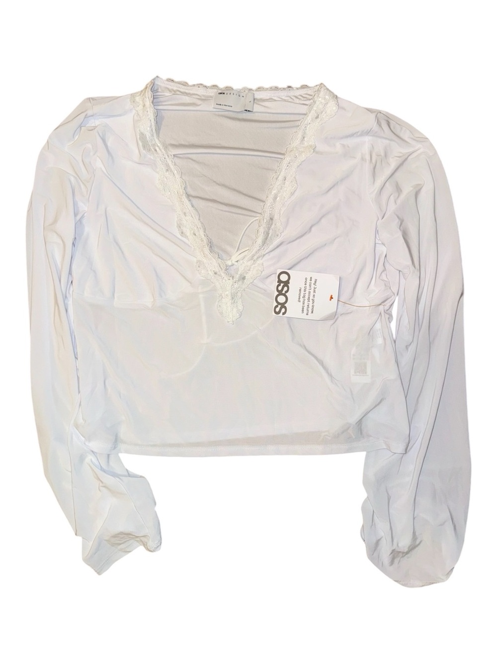 ASOS White Lace-Trim V-Neck Sheer Long Sleeve Top